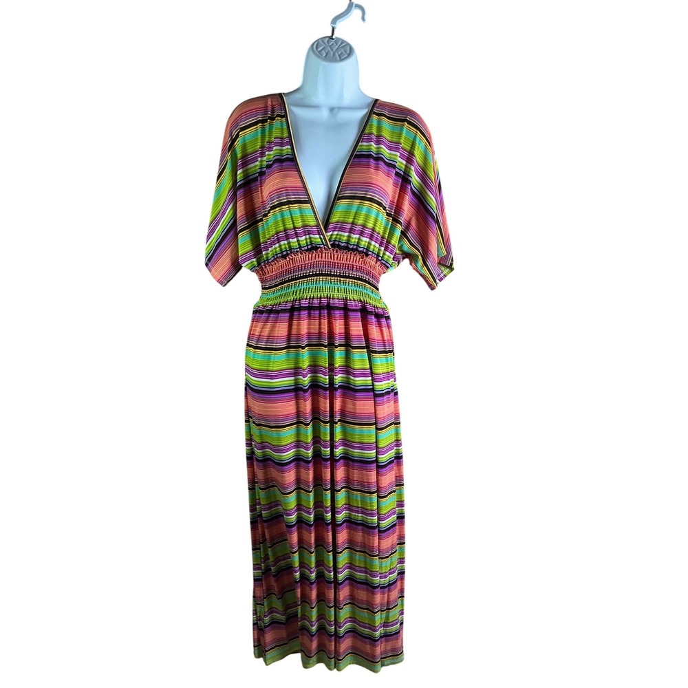 Sunkissed Couture Women XL Multi Color Striped V-Neck Smocked Waist Maxi Dress